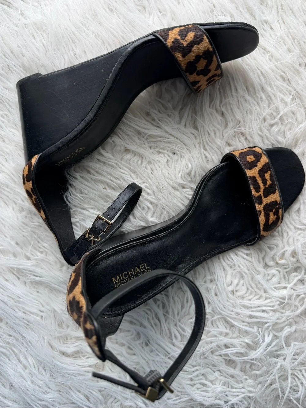 Michael Kors Leopard Calf Hair Wedge Sandals Black Gold Ankle Strap